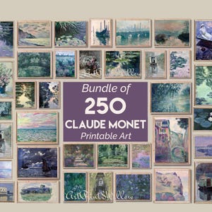 Op de afbeelding: Een verzameling van 250 afdrukbare kunstwerken van Claude Monet. De afbeeldingen tonen verschillende landschapsschilderijen met waterlelies, bruggen, boten en andere scènes in verschillende kleuren en stijlen.