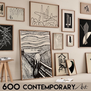 Impressões de arte contemporânea abstrata, impressões de parede modernas para impressão, pôster de escritório geométrico moderno em preto e branco, download digital, pacote com 600