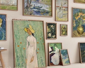 Op de afbeelding: Collectie ingelijste kunstdrukken met diverse schilderijen van Vincent van Gogh. De prints tonen landschappen, portretten en stillevens, met de nadruk op de penseelstreken en levendige kleuren van de kunstenaar. De collectie bevat verschillende formaten en stijlen.