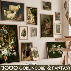 May include: A collection of framed art prints with various themes, including nature, fantasy, and portraits. The prints are arranged on a white wall with a wooden floor. The prints are all in different sizes and styles, and they create a visually interesting and eclectic display.