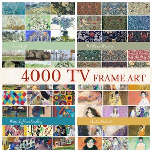 Op de afbeelding: Een raster van kunstdrukken met werken van Van Gogh, William Morris, Wassily Kandinsky en Gustav Klimt. De tekst "4000 TV FRAME ART" is weergegeven. De prints tonen diverse stijlen en kleurenpaletten.