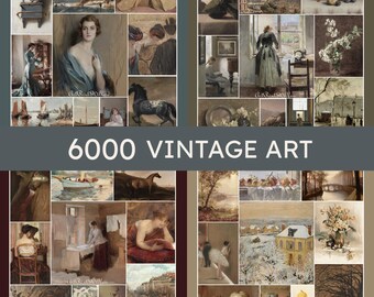 May include: A collage of vintage art prints, featuring various paintings with diverse subjects. The collection includes portraits, landscapes, and still life compositions. The text "6000 VINTAGE ART" is displayed in the center, indicating a large selection of art.