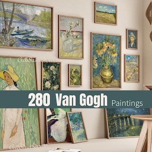 May include: A collection of framed Van Gogh paintings, including landscapes, portraits, and still lifes. The artworks feature vibrant colors and brushstrokes, showcasing the artist's signature style. The text "280 Van Gogh Paintings" is displayed.