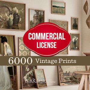 May include: A collection of framed vintage prints, including floral still lifes, landscapes, and portraits, displayed on a wall. A large red oval with the words "COMMERCIAL LICENSE" is in the center. The text "6000 Vintage Prints" is at the bottom.