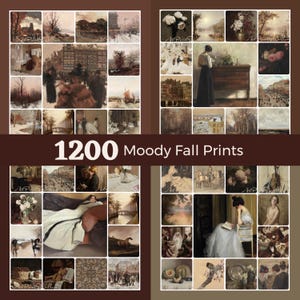 Può includere: Una collezione di 36 stampe artistiche in stile vintage con un tema autunnale malinconico. Le stampe presentano dipinti classici in vari stili, con una tavolozza di colori di marroni, creme e toni tenui. Il testo "1200 Moody Fall Prints" è visualizzato.