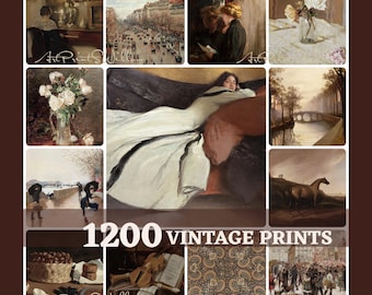 May include: A collage of vintage art prints, featuring various paintings. The collection includes images of flowers, landscapes, portraits, and cityscapes. The text "1200 VINTAGE PRINTS" is displayed in the center of the image.