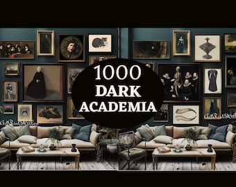 May include: A dark academia themed interior with a gallery wall of framed vintage art. The wall is painted a deep teal color, and the room is furnished with a cream-colored sofa, pillows, and a coffee table. The text "1000 DARK ACADEMIA" is displayed.