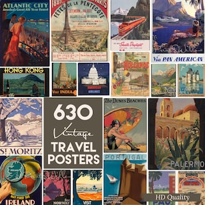 Vintage Reise Poster Bundle, Retro Wand Kunst druckbare 630 Set, sofortiger Download, antike Dekoration, digitale Collage Kunstdrucke