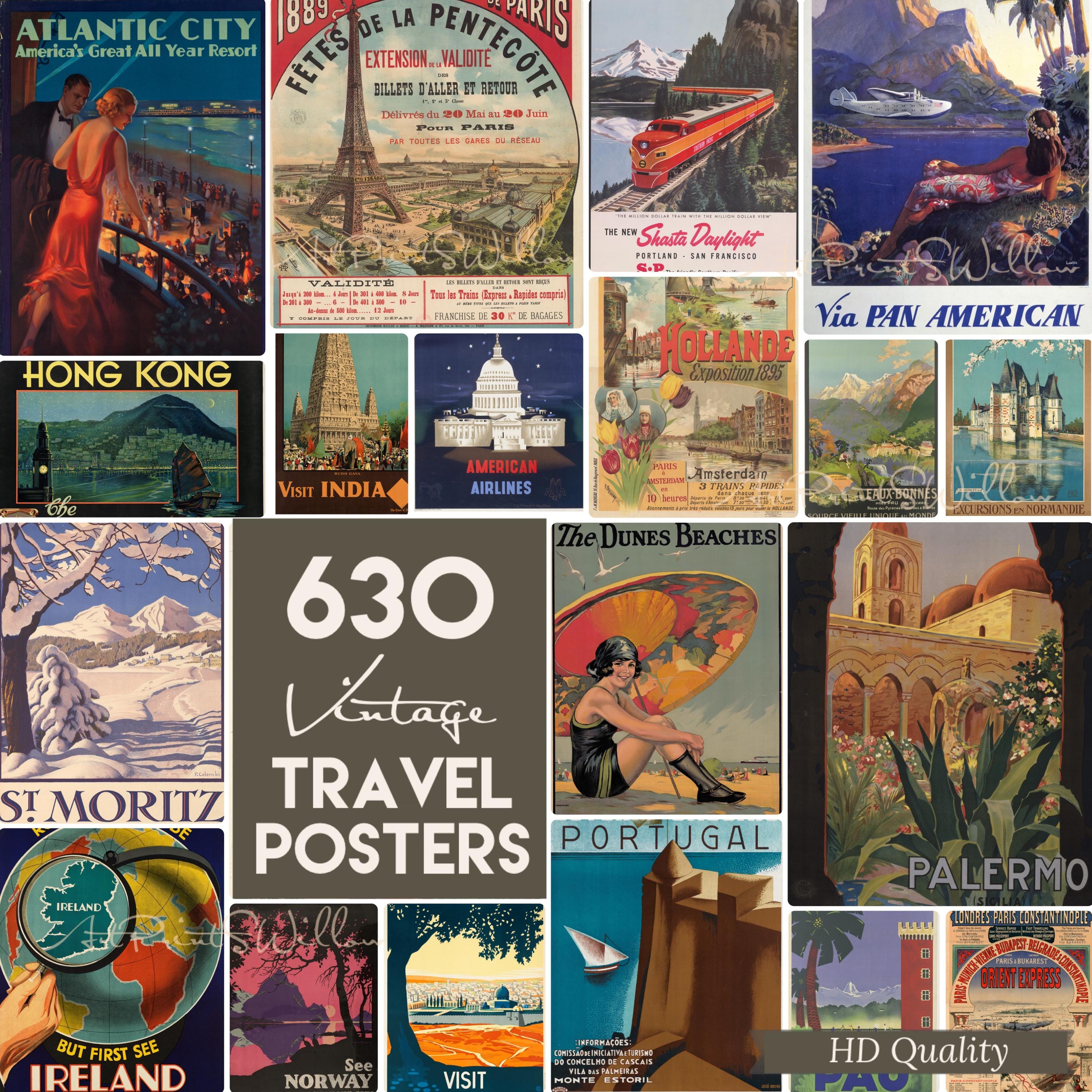 Vintage Travel Poster Bundle, 630 Retro World Tourism Wall Art Prints ...