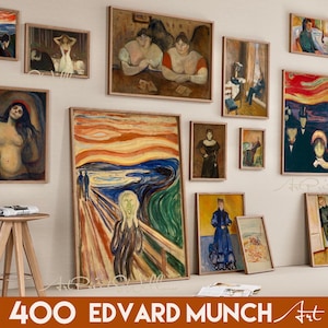 Könnte beinhalten: Eine Galeriewand mit einer Sammlung von Gemälden von Edvard Munch, darunter "Der Schrei", "Das kranke Kind" und "Vampir". Die Gemälde sind in Holz gerahmt und an einer weißen Wand ausgestellt.
