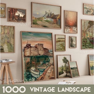 Pinturas de paisajes vintage, paquete imprimible de paisajes campestres, impresiones antiguas de naturaleza montañosa, arte mural, más de 1000 descargas digitales