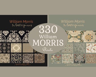May include: Two William Morris print collections are shown, one in black and the other in sage green. Each features the words "William Morris Masterpieces." A central oval reads "330 William Morris Prints."