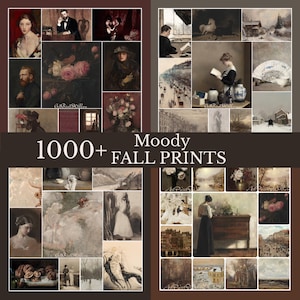 Può includere: Un collage di stampe artistiche vintage con un tema autunnale malinconico. Le stampe presentano ritratti, nature morte e paesaggi in toni tenui. Il testo recita "1000+ Moody FALL PRINTS".
