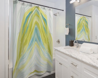 Yellow Turquoise Watercolor Abstract Shower Curtain, Modern Aesthetic Decor, Watercolor Shower Curtain, Calming Peaceful Bathroom