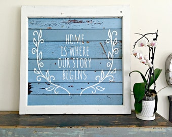 Home Is Where Our Story Begins- Reclaimed Barn Wood Sign- Antique Window Frame - Shabby Chic Wall Art