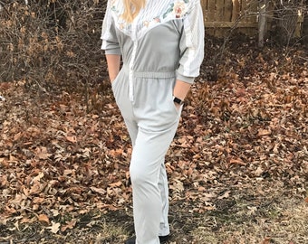 Vintage 80s jumpsuit S M gray pastel shoulder pads sequins