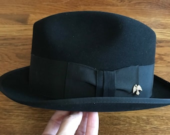 vintage Stetson Royal DeLuxe black hat fedora Eagle pin