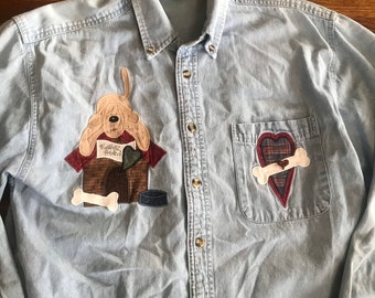 vintage 90s women’s button up chambray M dog embroidery country kitsch