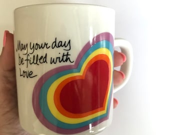 Vintage 80s rainbow heart love mug coffee tea pride