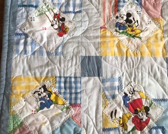 vintage Baby Mickey Mouse & friends quilt 90s gingham 40” x 48”