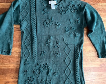 Vtg 90s sweater M Womens Hunter green embroidery cottagecore needlework