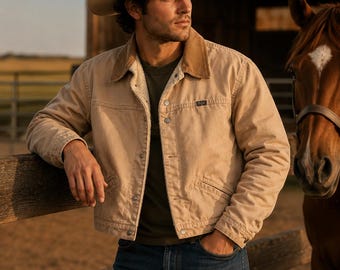 Vtg 80s wrangler farm coat trucker chore M duck cloth corduroy lined Dutton Yellowstone