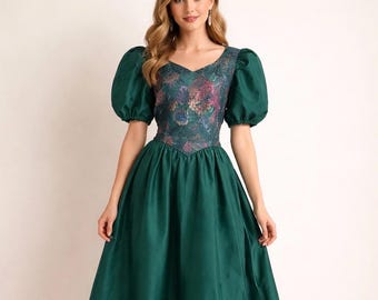 Vtg 90s cottagecore prom dress S green floral forest fairy puff sleeves