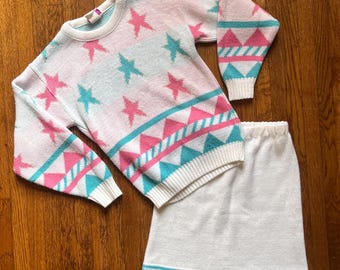 Vtg 80s 90s sweater skirt set 10 girls kids pastel Fairy Kei Kawaii picamo retro