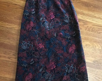 vintage Velvet floral pencil skirt 7/8 80s jewel tone knee length