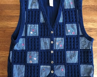 vintage 90s vest L granny square quilt coastal