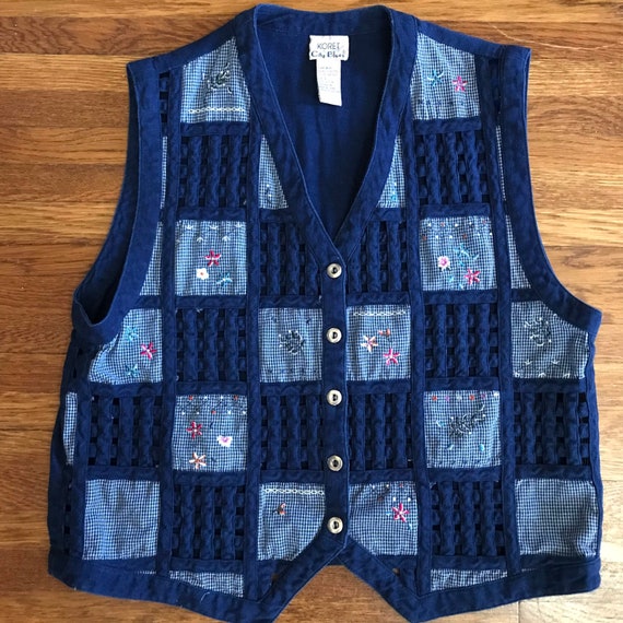 vintage 90s vest L granny square quilt coastal - image 1