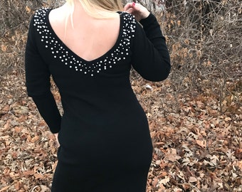 vintage 80s Andrea Jovine sweater dress S M black pearls sexy