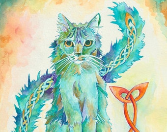 Water Color Print, "Celtic Cat" by Denise Kelty. 8" x 10" print matted to fit an 11" x 14" frame.