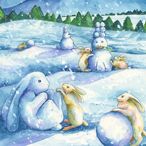Tarjeta de felicitación, "Conejitos de nieve haciendo conejitos de nieve" de Denise Kelty. Tarjeta en blanco de 5" x 7", sobre