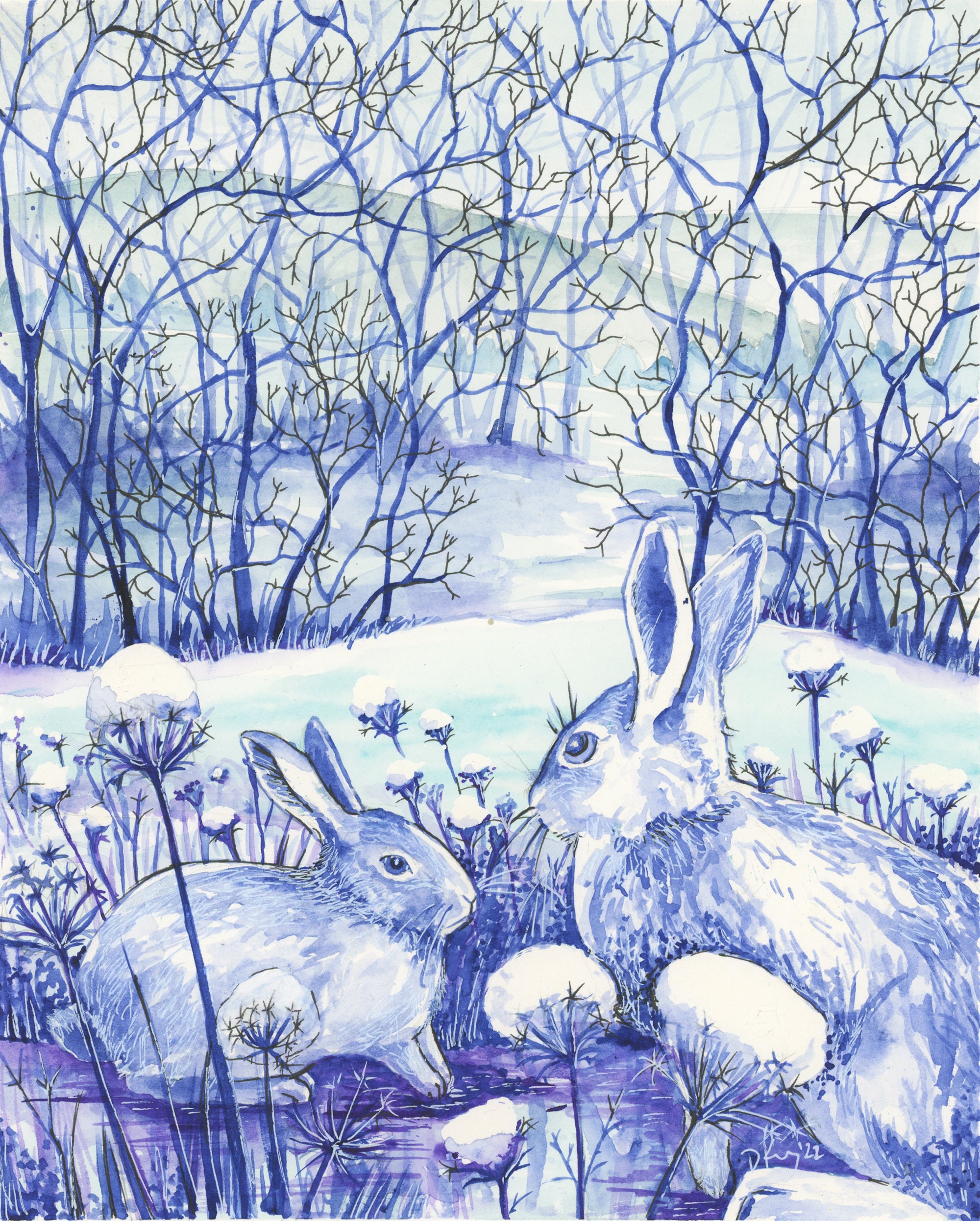 Water Color Print, "Snow Balls" by Denise Kelty. 8" x 10" print matted to fit an 11" x 14" frame.