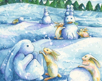 Water Color Print, &quot;Snow Bunnies Making Snow Bunnies&quot; by Denise Kelty. 8&quot; x 10&quot; print matted to fit an 11&quot; x14 frame.