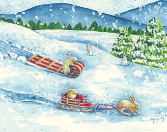 Greeting Card, &quot;Bunny Slopes&quot; by Denise Kelty. 5&quot;x7&quot; blank card, envelope