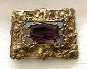 Antique Victorian Belt Buckle With Faceted Amethyst Glass  display picture 2