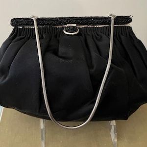 Vintage Beaded Black Satin Evening Bag with Coin Purse