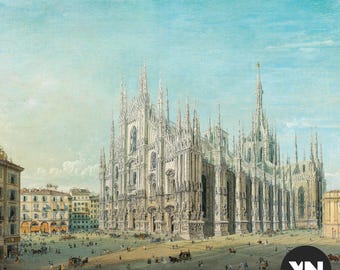 Vintage Milaan print, Piazza del Duomo, Carlo Bossoli (digitale download)