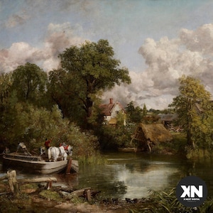 May include: A painting depicting a rural scene with a river, a small cottage, and a group of people on a boat. The sky is cloudy and the trees are green.