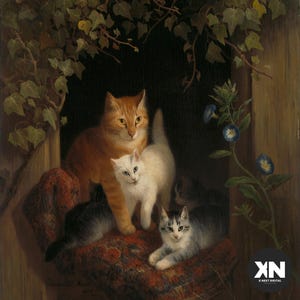 Gatto con Gattini – Arte Vintage Henriette Ronner, 1864 | Stampa Digitale Ad Alta Risoluzione | Decorazione Casa, 300 DPI