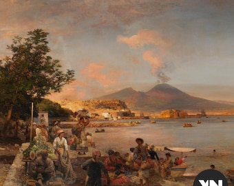 Vintage print met marktscène Napels – Vesuvius, Italiaans landschap (digitale download)