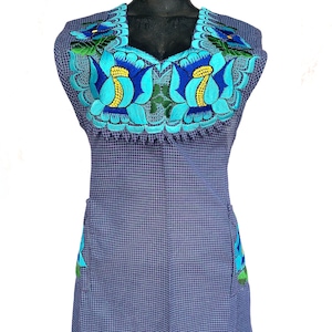 Grembiule messicano ricamato XL: grembiule da cucina floreale blu