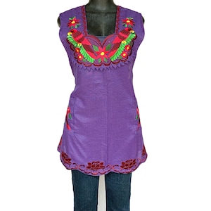 Embroidered Mexican Apron: Purple Parakeet Floral Kitchen Apron