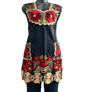 Embroidered Floral Black Apron: Mexican Style Kitchen Mandil