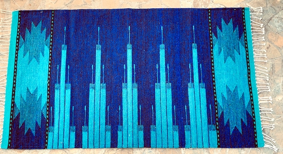 Geometric Zapotec Wool Rug: Blue Turquoise Mexican Textile