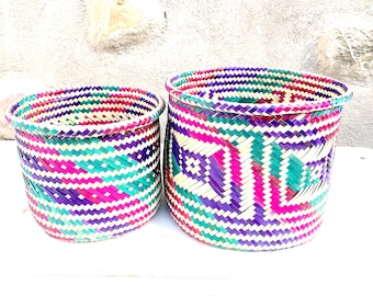 Hand Woven Palm Leaf Baskets Set: Colorful Mexican Artisan Organizer
