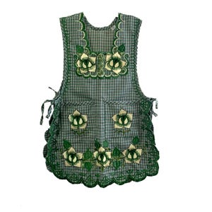 Mexican Medium Woman Tunic Green Apron, Gold Floral Embroidery Kitchen Cooking Stain Free Apron, Handy Pocket Multi Use Mandil Delantal