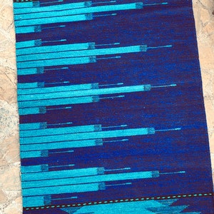 May include: A blue and turquoise patterned rug with a geometric design. The rug has a fringe border.